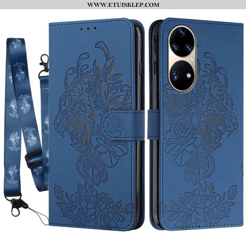 Etui Folio do Huawei P50 Pro z Łańcuch Barokowy Tygrys Z Paskami